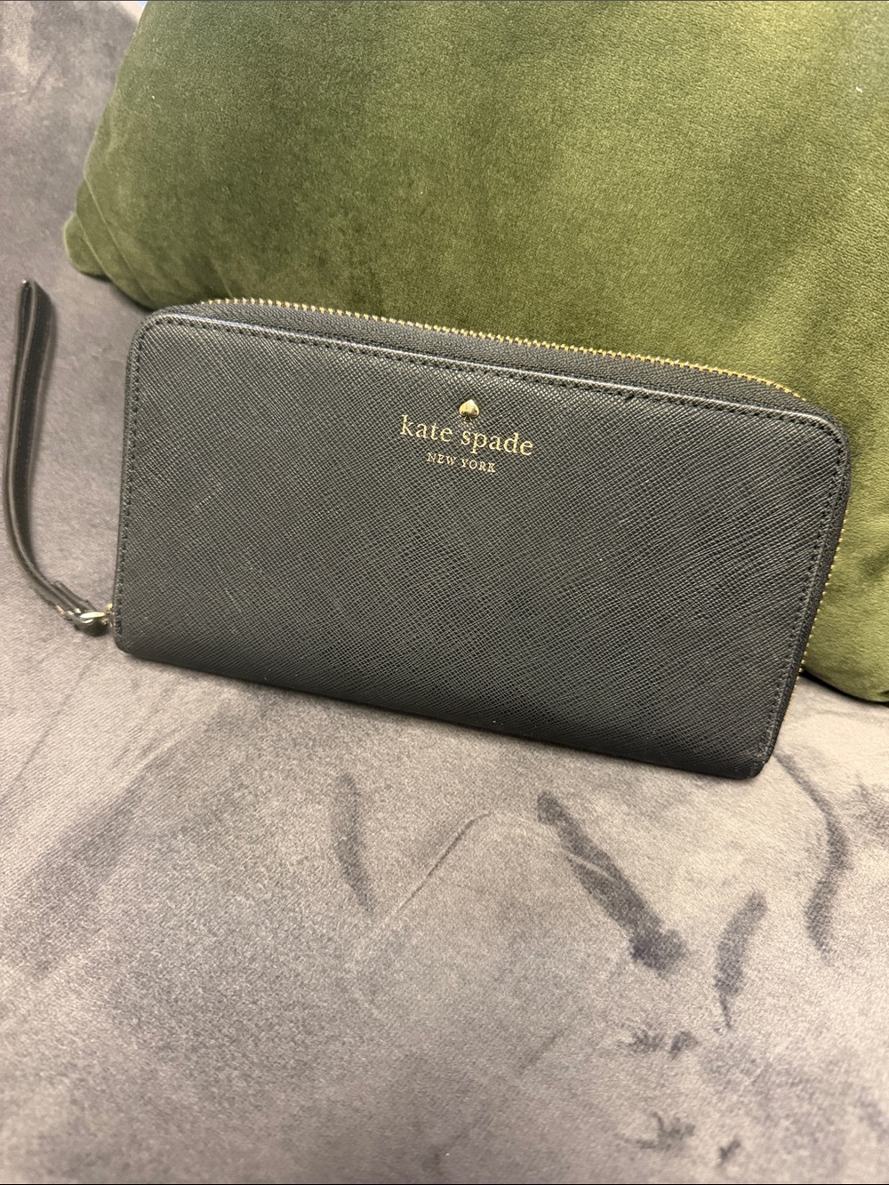 kate spade Black Saffiano Zip-Around Wristlet Wallet with Gold Logo